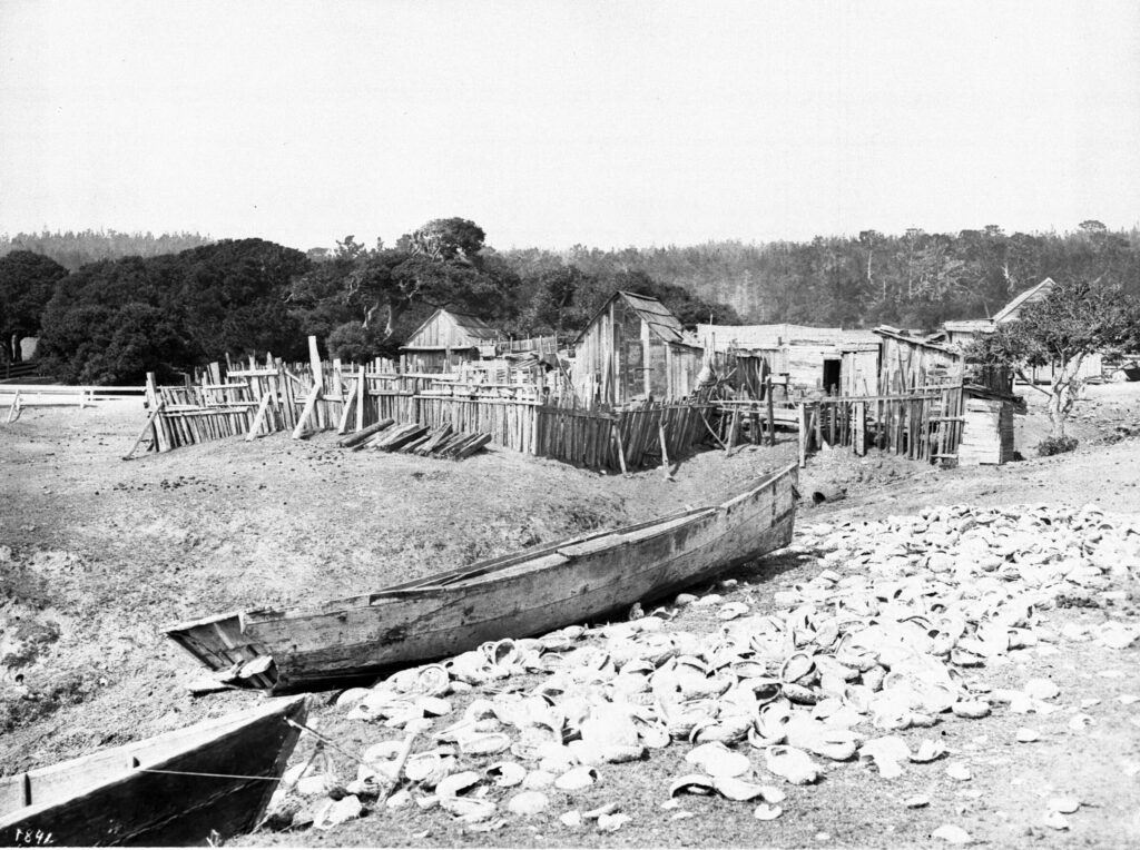 Photograph of an abalone fishing village near Monterey around 1900.