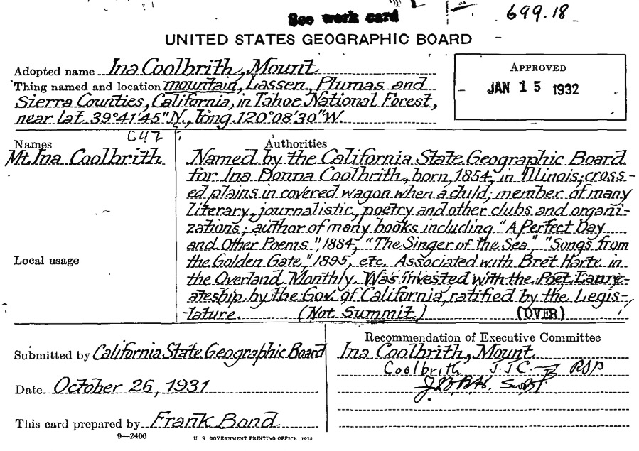 Decision card recording the naming of Mount Ina Coolbrith by the United States Geographic Board